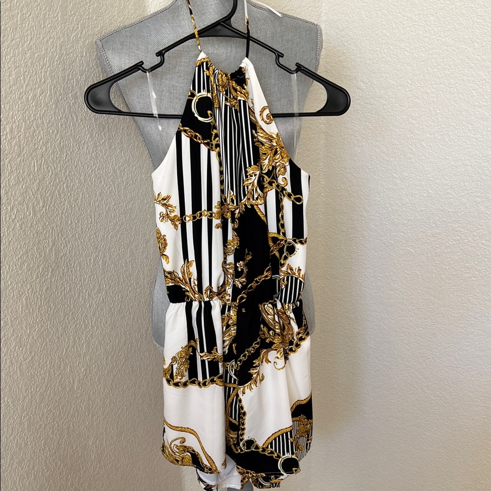 Elegant Black and Gold Halter Romper